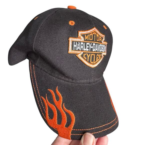 Harley Davidson Motorcycles Black Orange Flame Adjustable Hat Cap Velcro Back OS - Picture 2 of 9